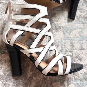Marc Fisher Leana Caged Black and White Sandal Heels 7.5